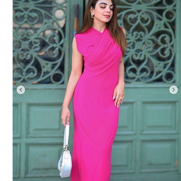 Zara Asymmetric Draped Detail Midi Dress Fushia Pink Size Small - Picture 3 of 7